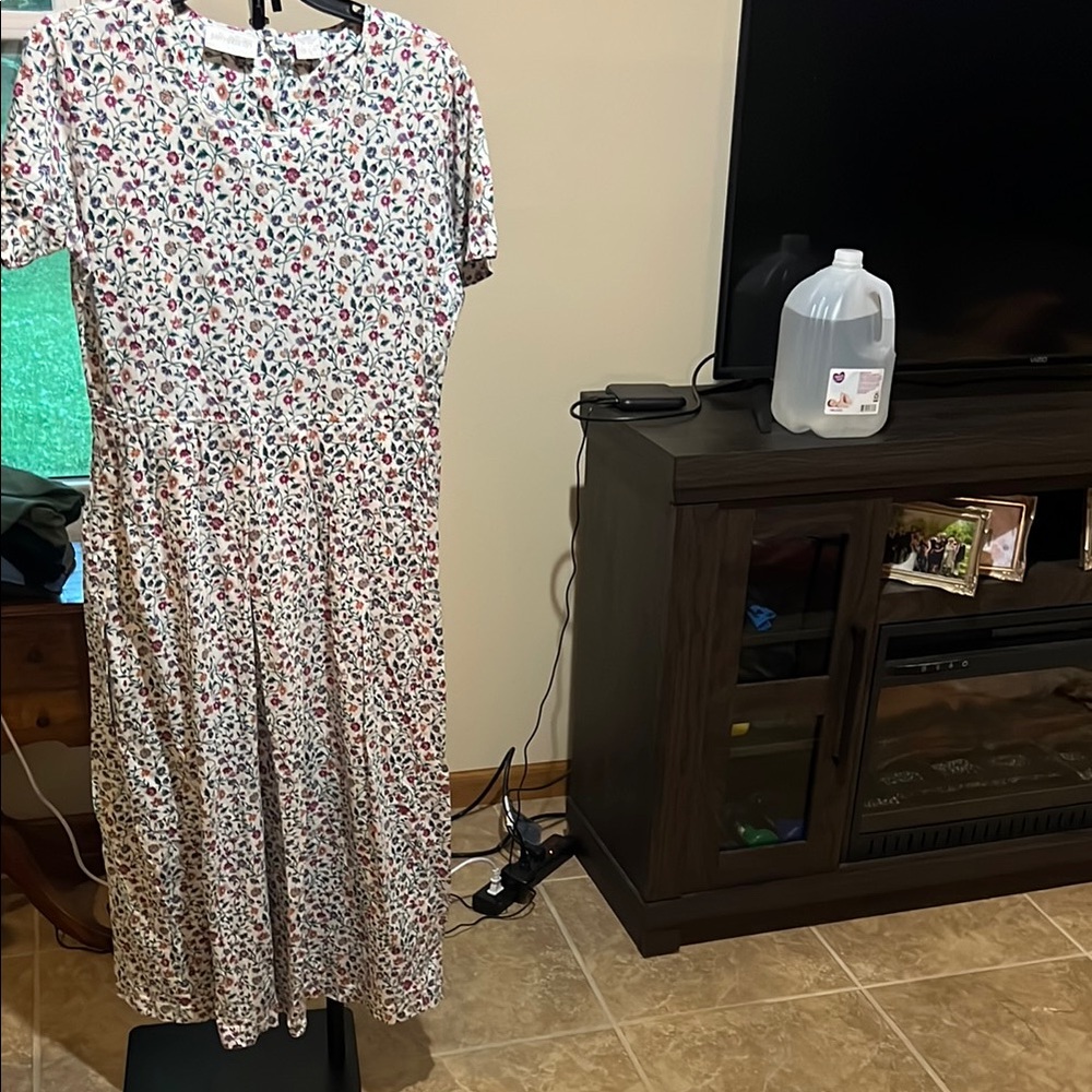 Pierre Cardin White Floral Midi Dress with Pink, Green & Blue Print